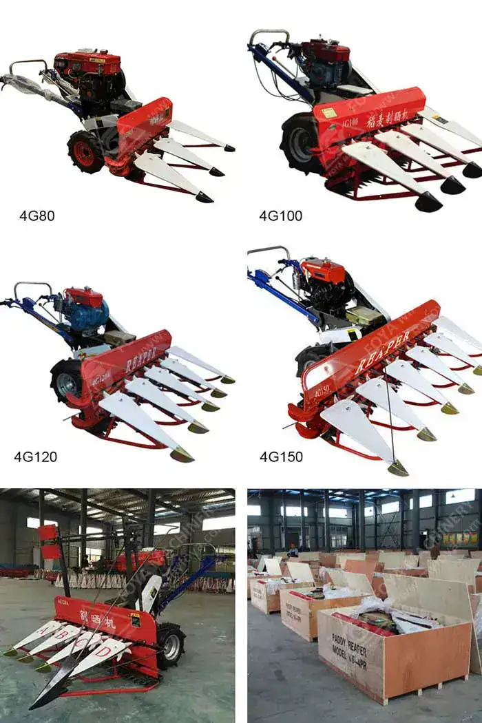 FOYA Rice Wheat Reaper — tractor mounted harvesting machine cutting rice in a paddy field