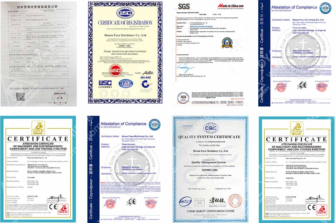 FOYA Machinery quality certificates and international certifications